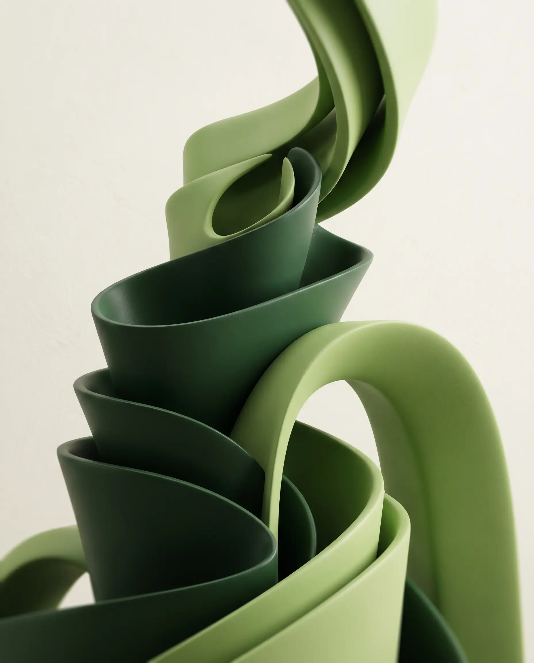 Abstract green sculptural ribbons spiralling upward, representing brand growth